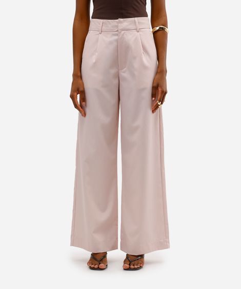 calça wide leg feminina de alfaiataria com pregas rosa