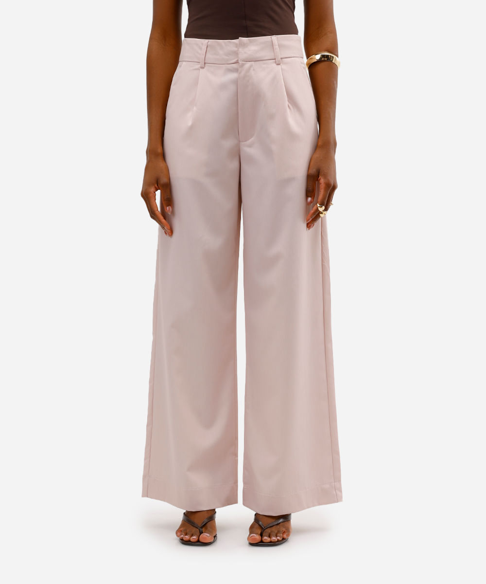 calça wide leg feminina de alfaiataria com pregas rosa