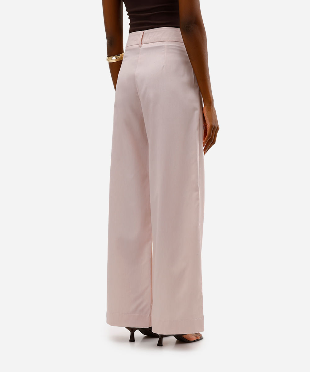 calça wide leg feminina de alfaiataria com pregas rosa