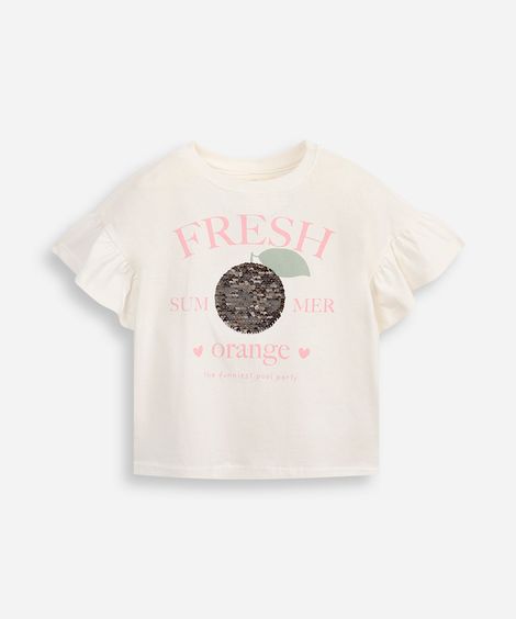 camiseta de algodão infantil com babados e paetê off white