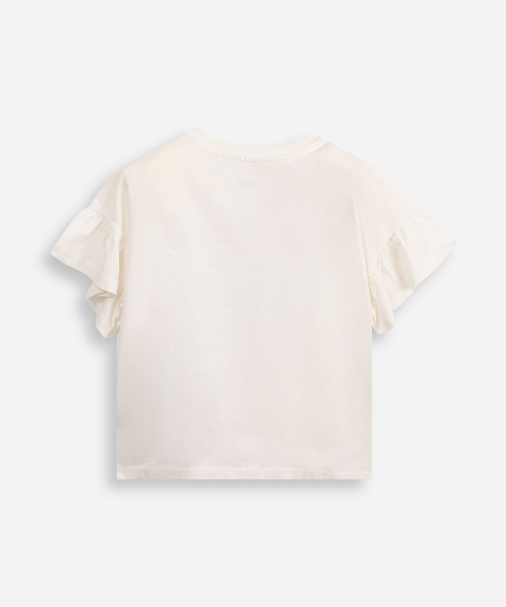 camiseta de algodão infantil com babados e paetê off white