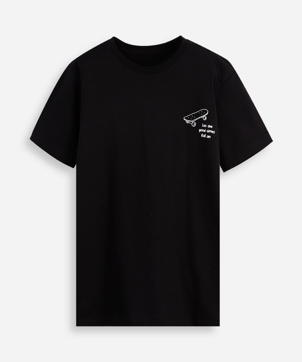 camiseta de algodão juvenil skate preta