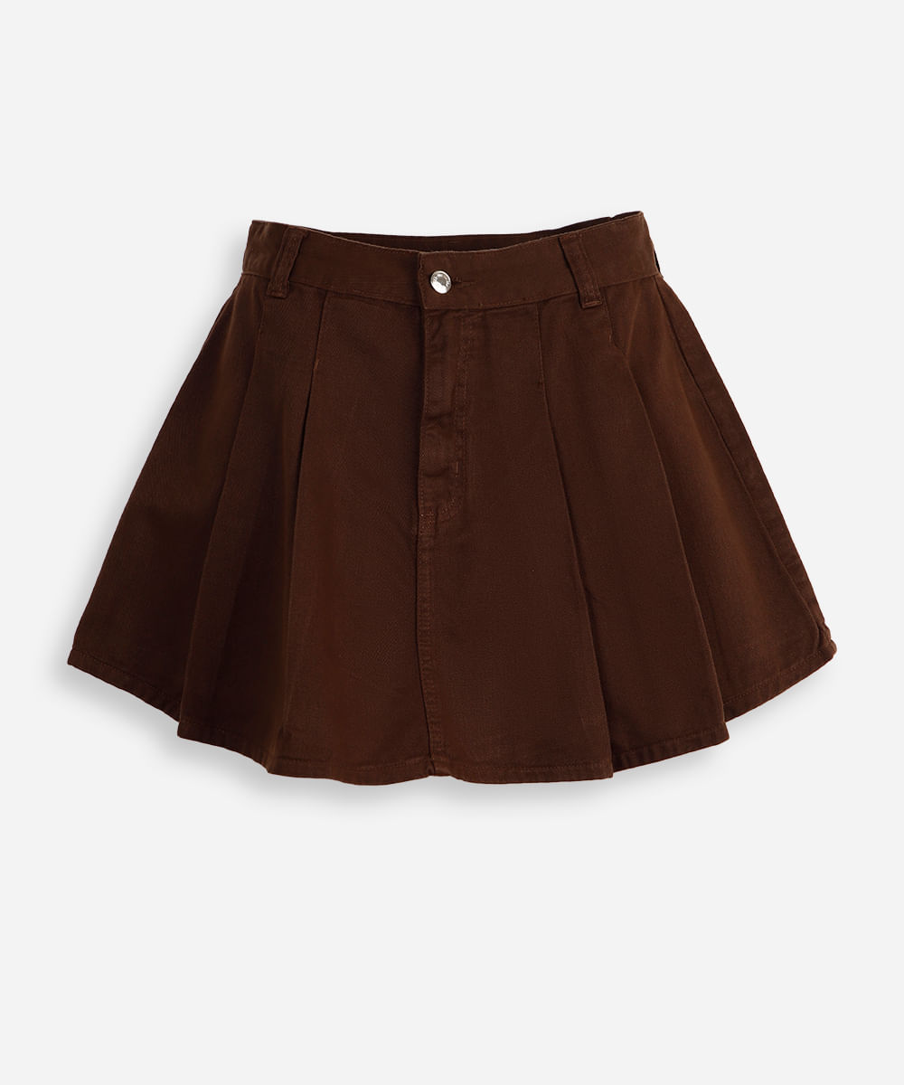 short saia plissada juvenil com pregas - marrom