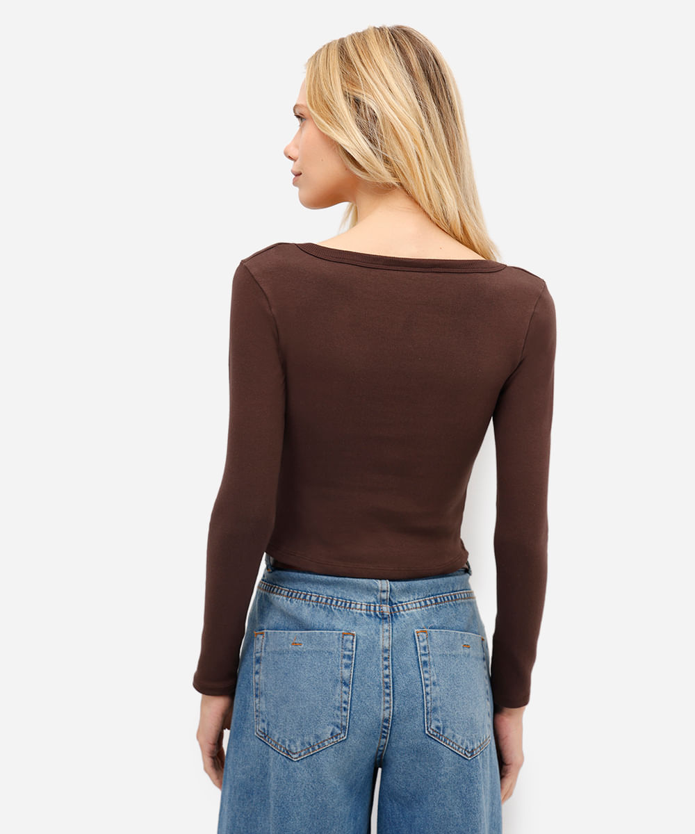 blusa básica feminina de algodão manga longa marrom