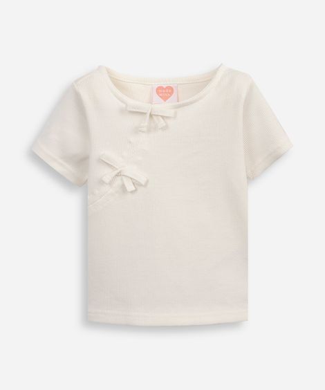blusa de algodão infantil com lacinho canelada off white