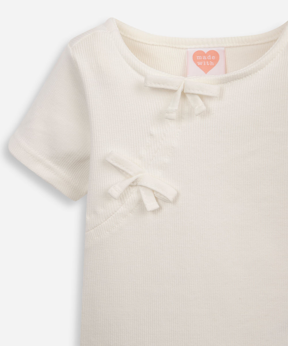 blusa de algodão infantil com lacinho canelada off white