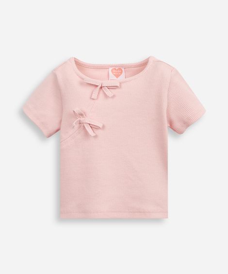 blusa de algodão infantil com lacinho canelada rosa