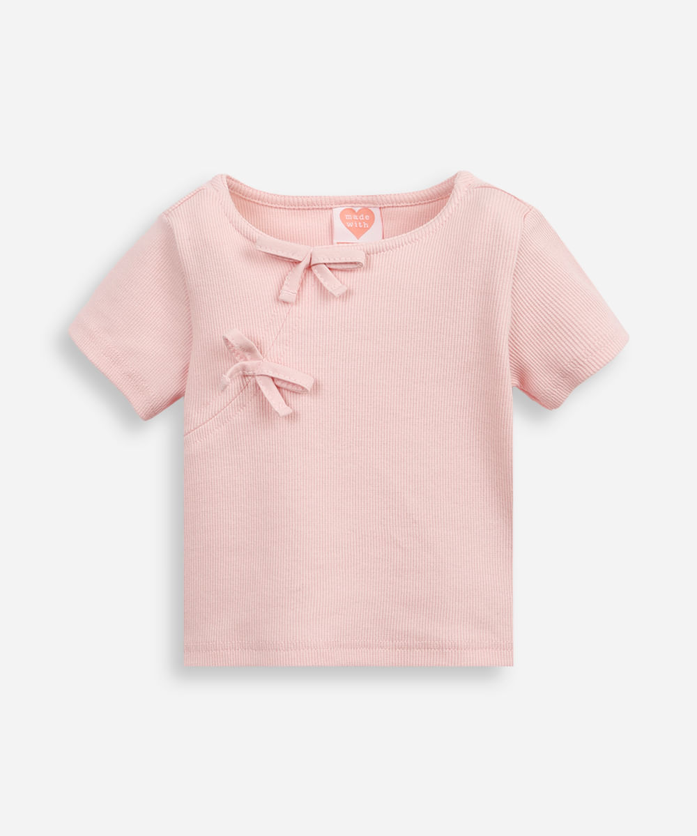blusa de algodão infantil com lacinho canelada rosa