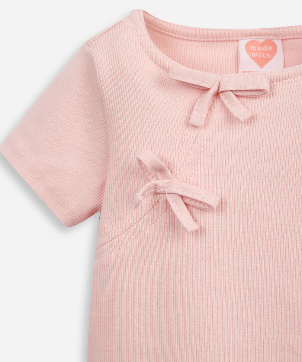 blusa de algodão infantil com lacinho canelada rosa