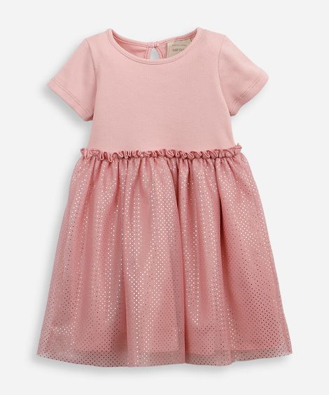 vestido infantil com tule floral metalizado rosa