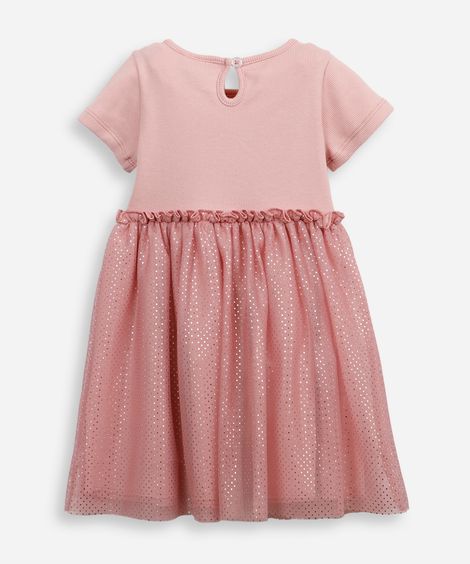 vestido infantil com tule floral metalizado rosa