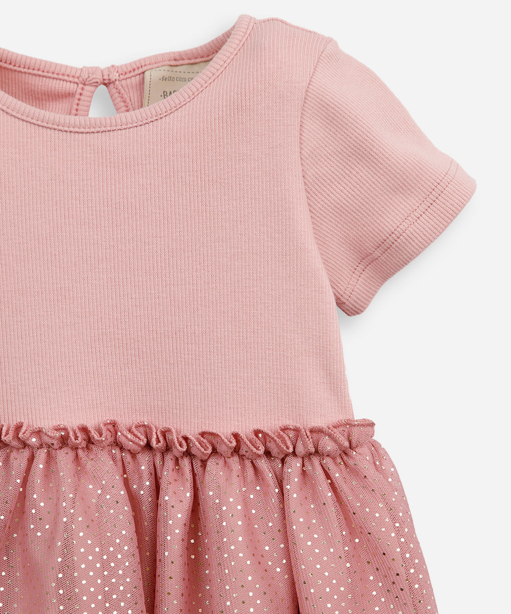vestido infantil com tule floral metalizado rosa