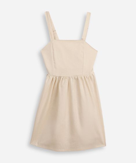 vestido midi infantil decote quadrado com linho bege