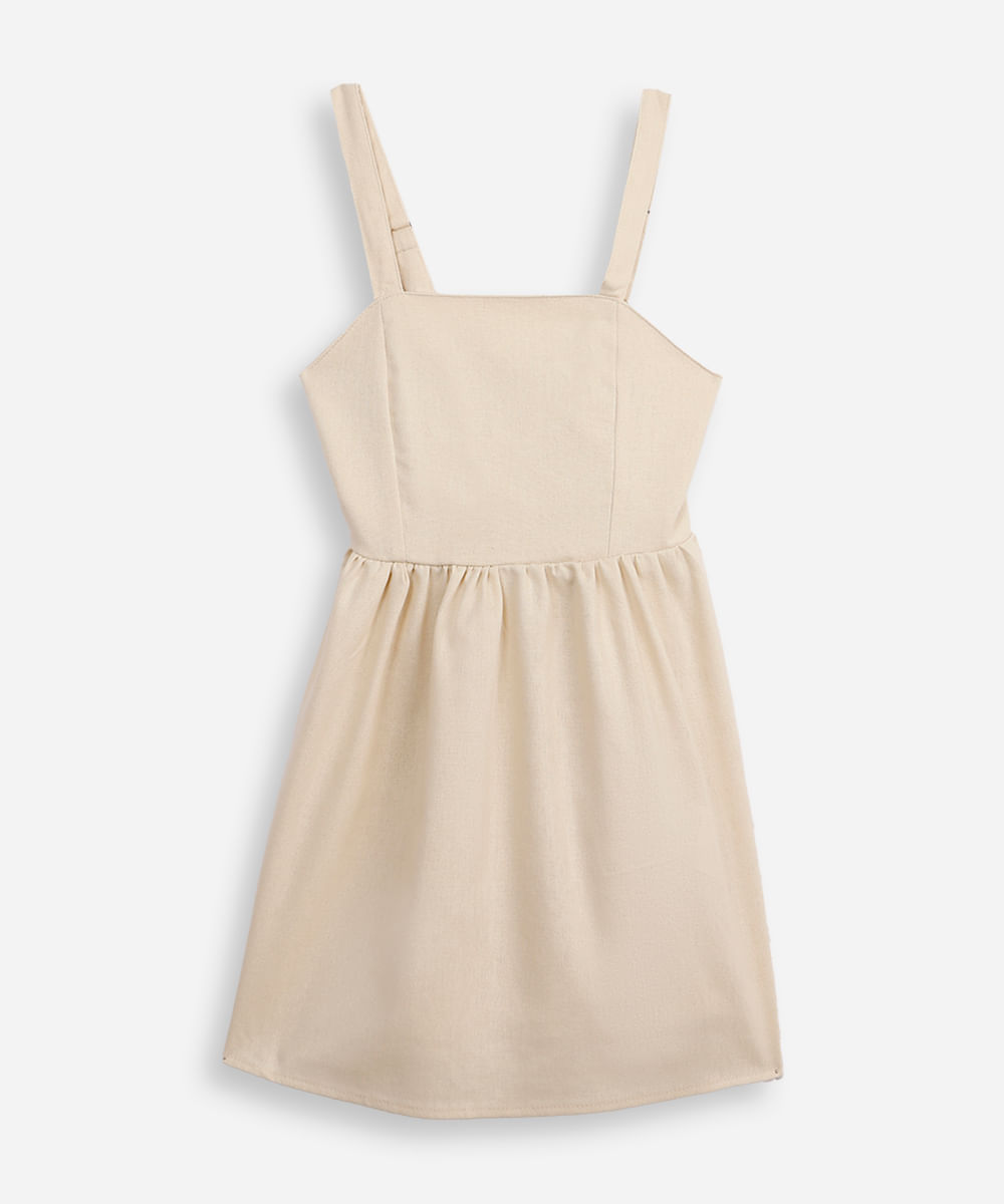 vestido midi infantil decote quadrado com linho bege