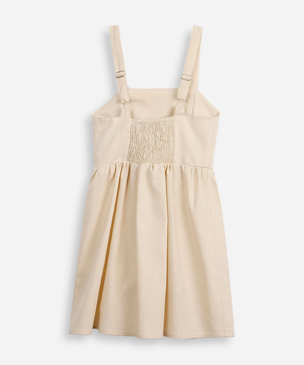 vestido midi infantil decote quadrado com linho bege
