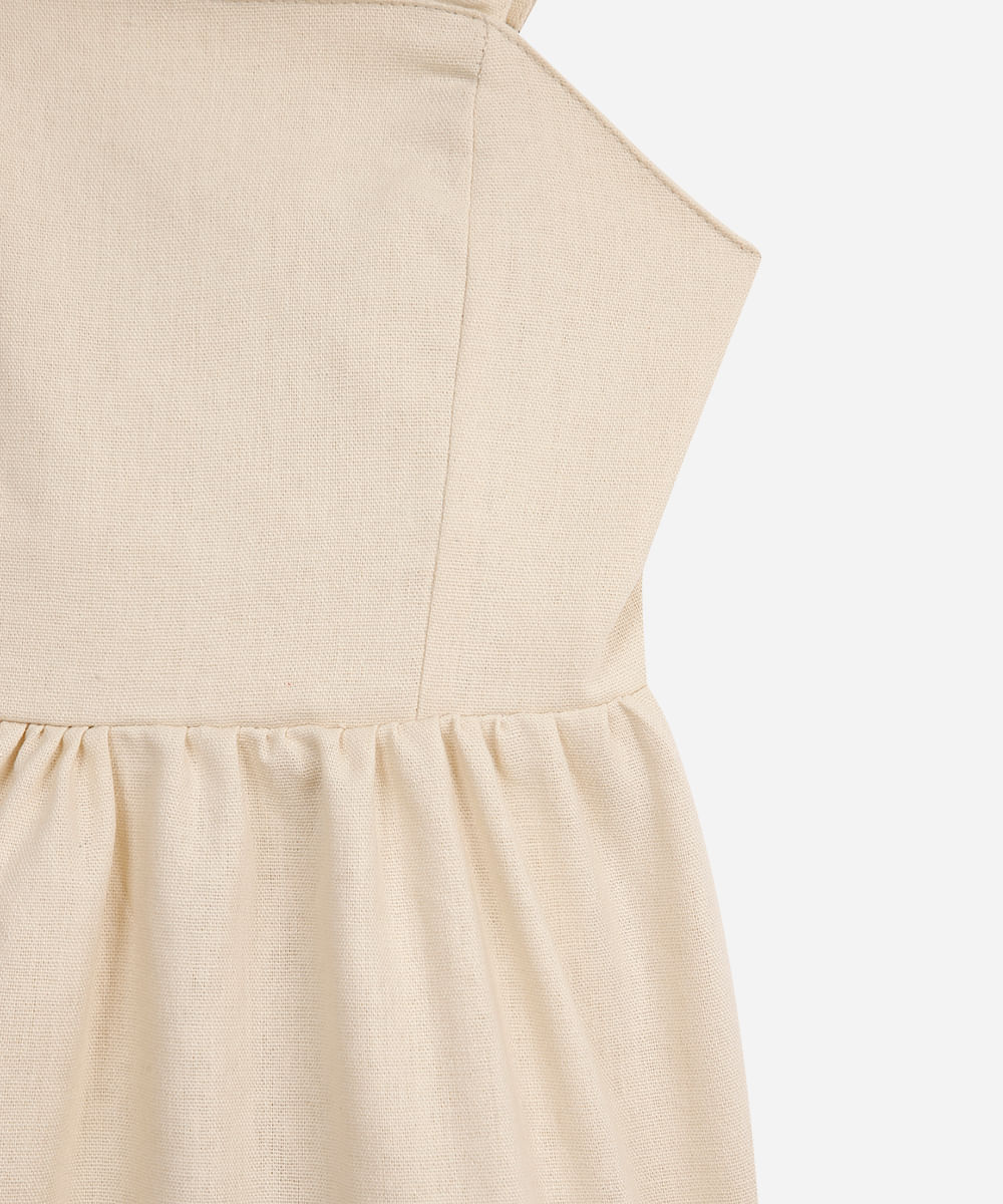 vestido midi infantil decote quadrado com linho bege