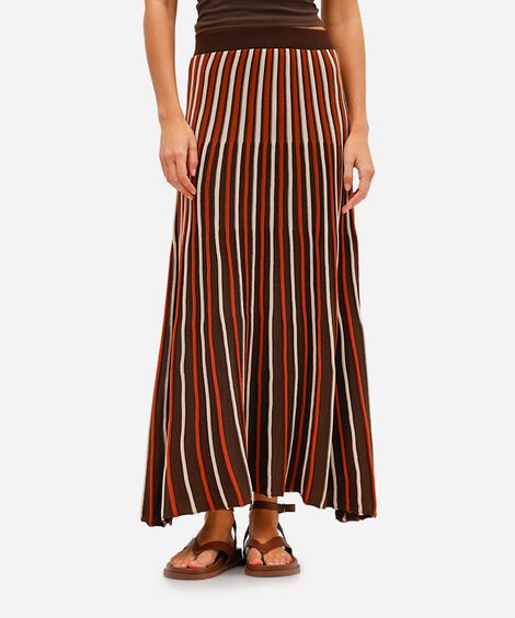 saia midi feminina de tricot texturizada listrada marrom