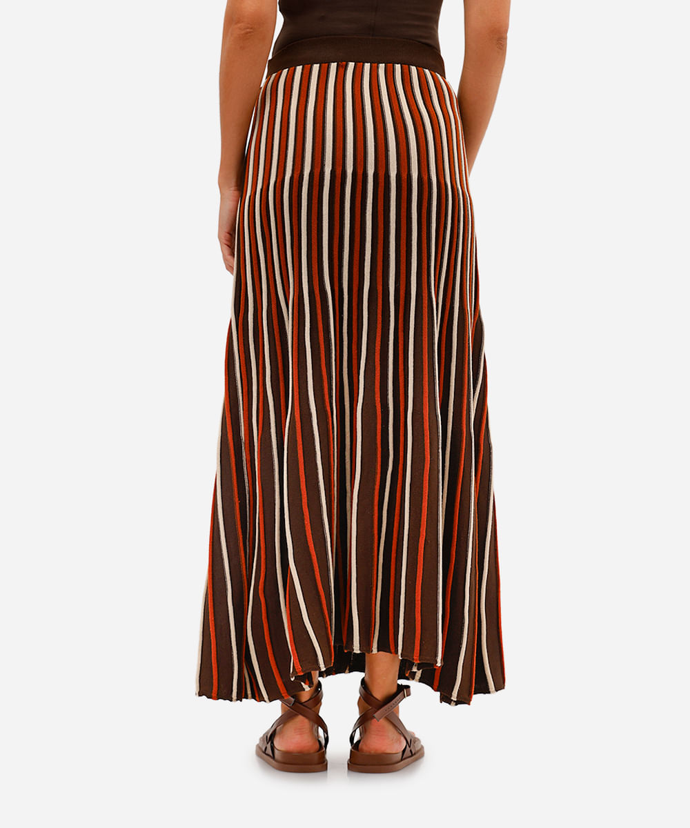 saia midi feminina de tricot texturizada listrada marrom