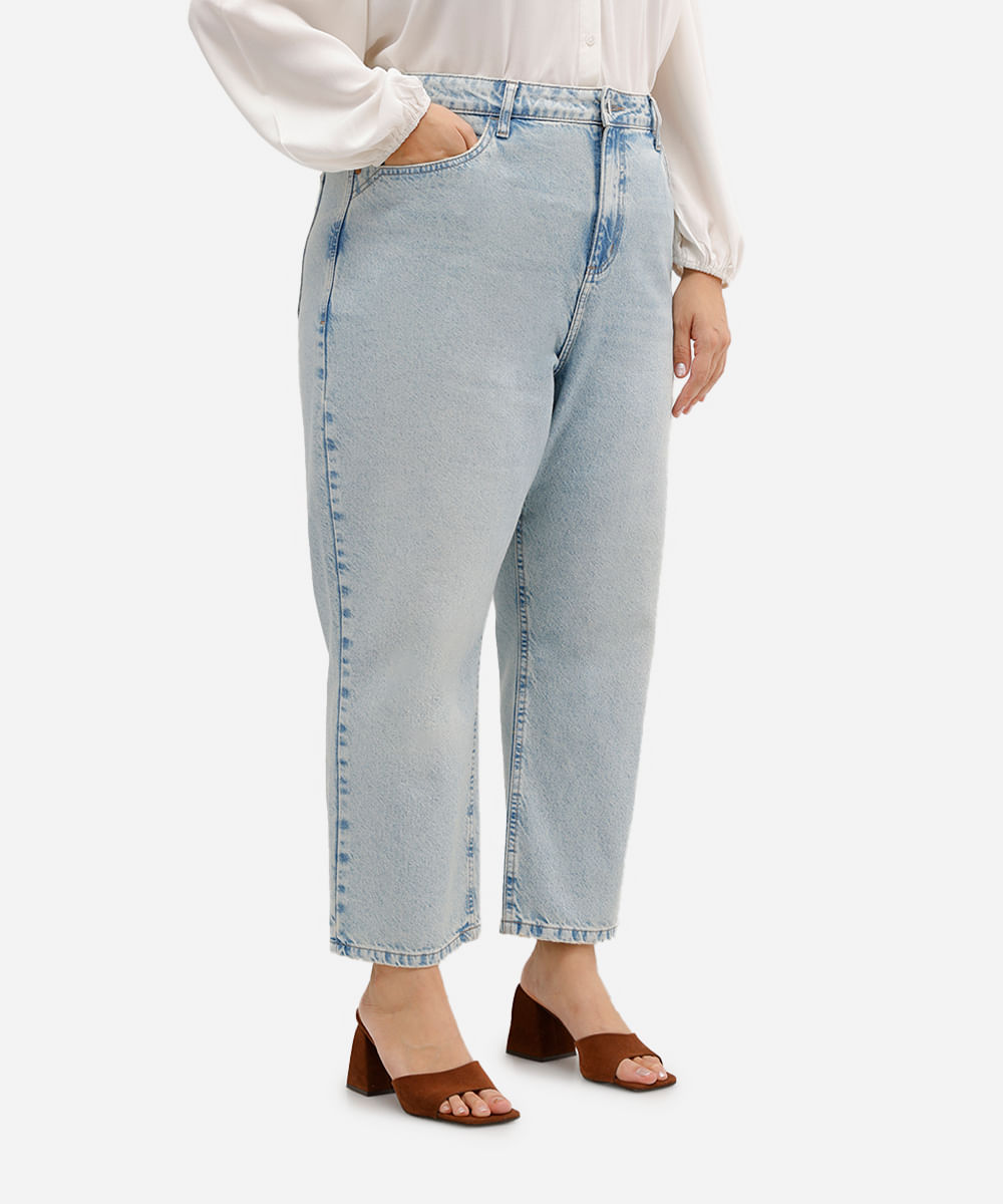calça comfort reta feminina jeans cintura super alta plus size azul