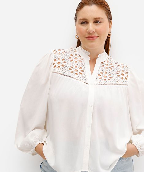 camisa feminina de viscose com laise manga bufante plus size off white