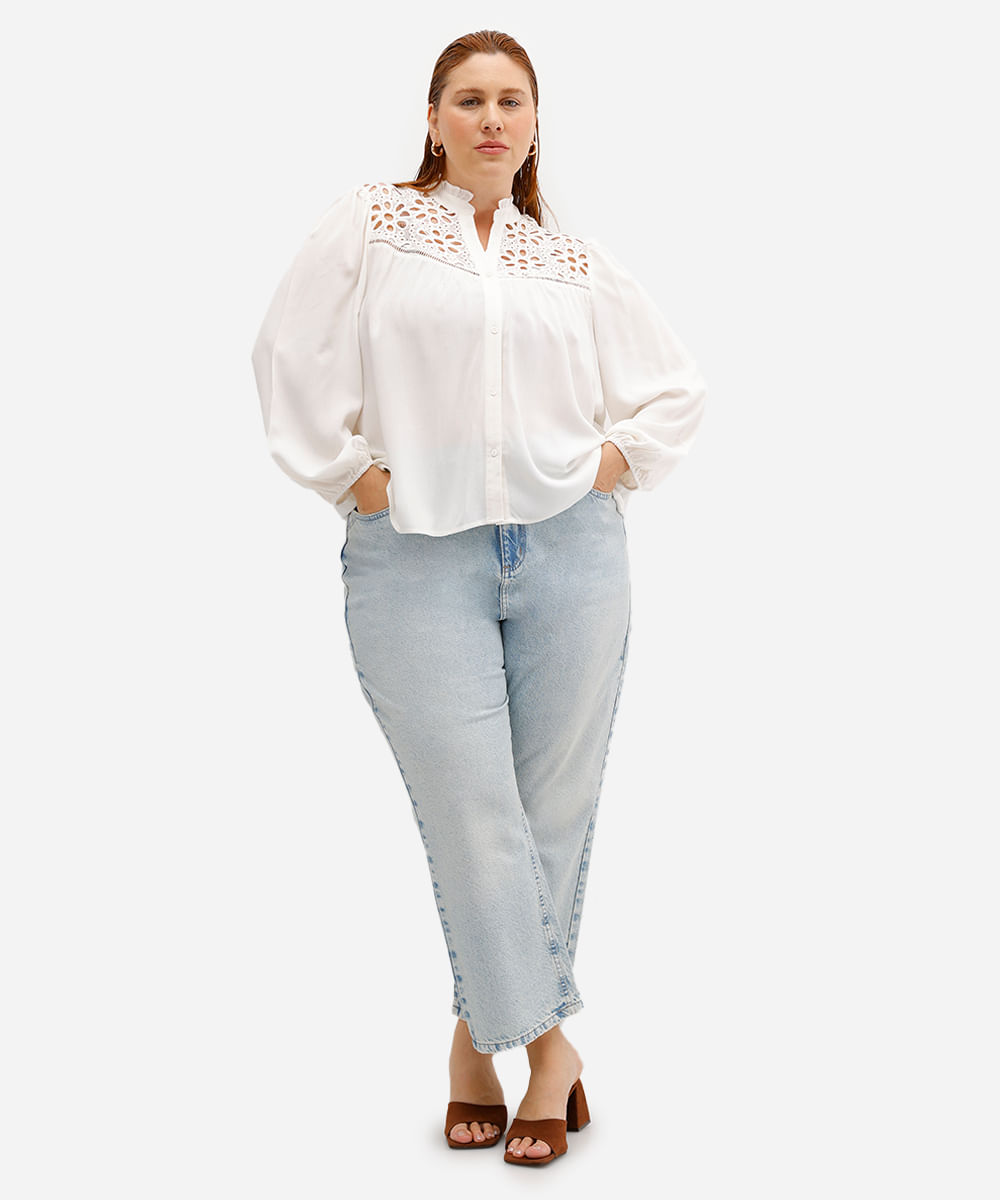 camisa feminina de viscose com laise manga bufante plus size off white