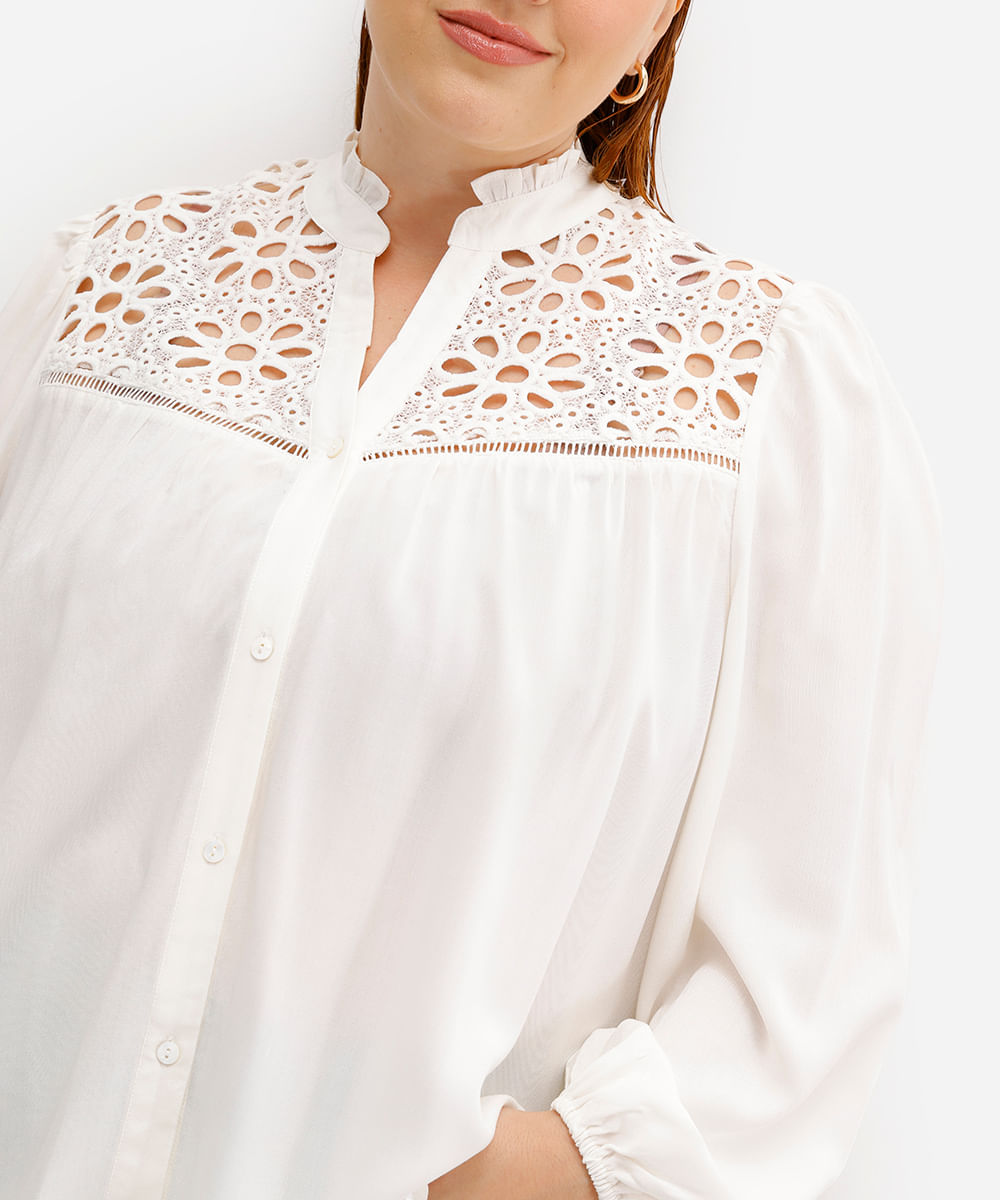 camisa feminina de viscose com laise manga bufante plus size off white