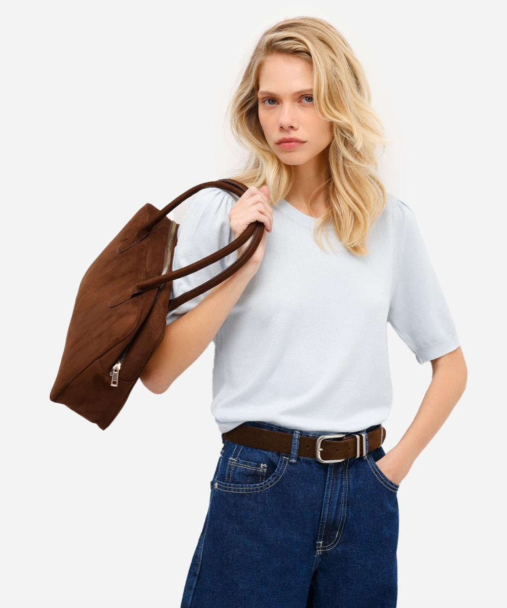 blusa feminina de tricot manga bufante azul