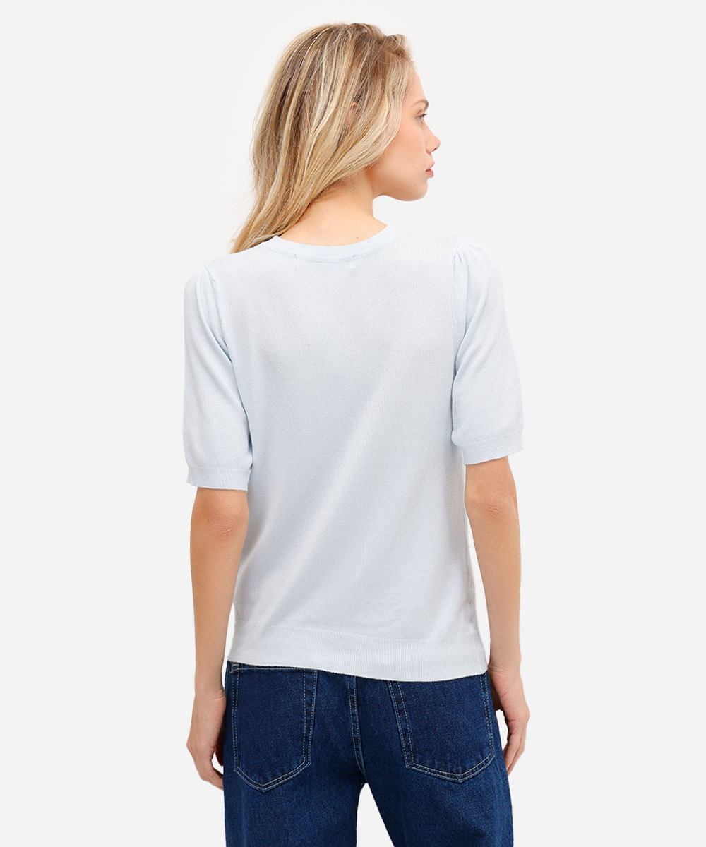 blusa feminina de tricot manga bufante azul