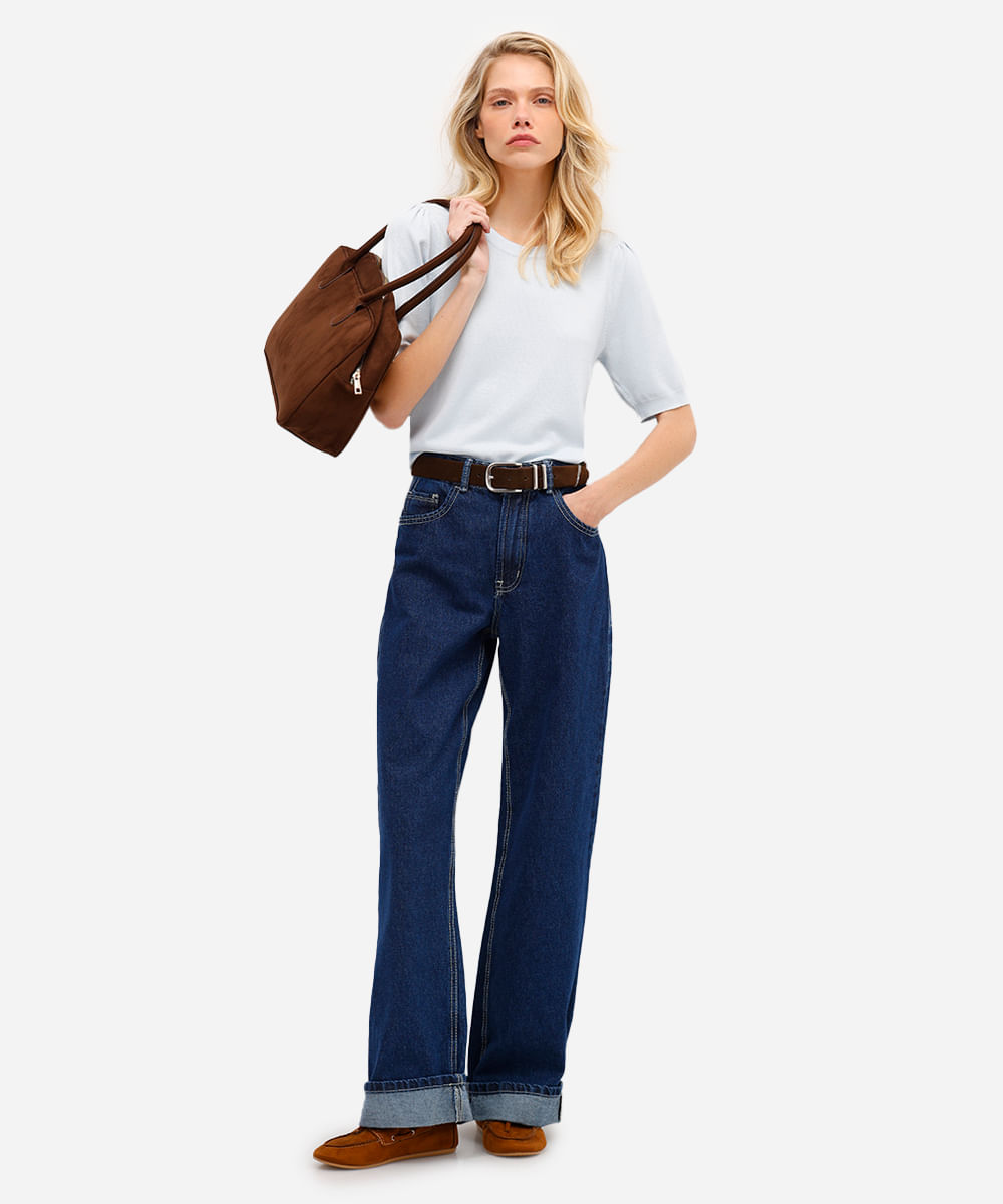 blusa feminina de tricot manga bufante azul