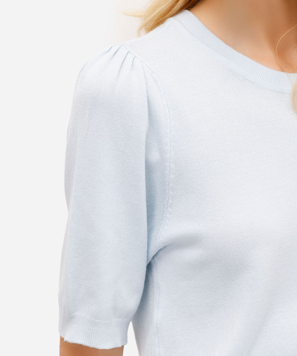 blusa feminina de tricot manga bufante azul
