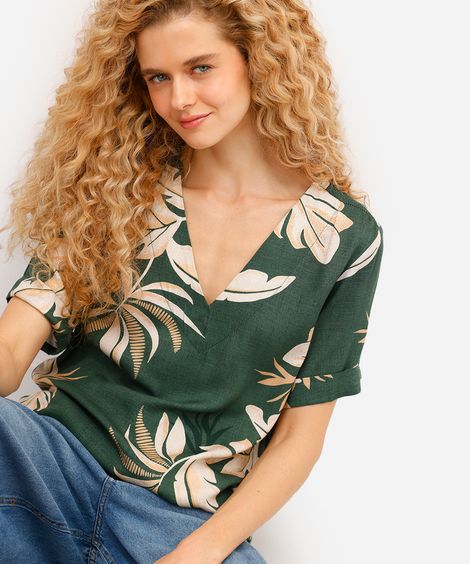 blusa feminina de viscose decote v folhagens verde