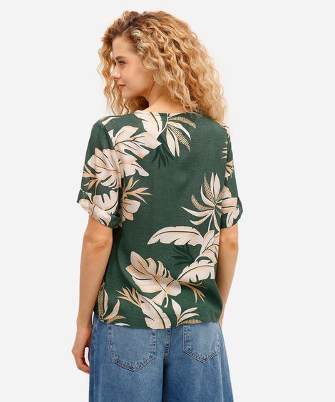 blusa feminina de viscose decote v folhagens verde