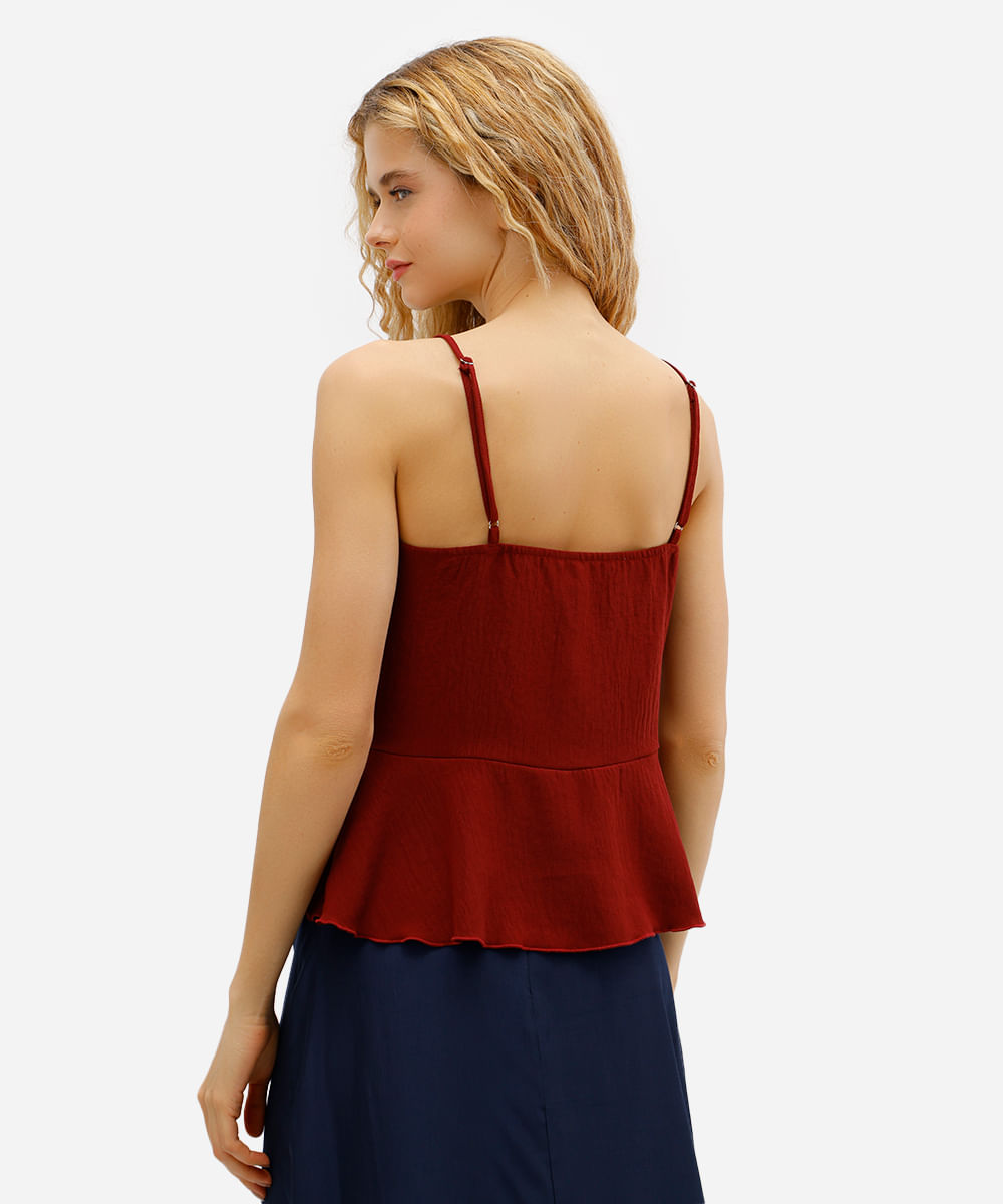 blusa feminina decote v com babados vinho