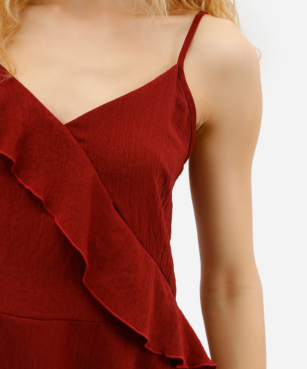 blusa feminina decote v com babados vinho