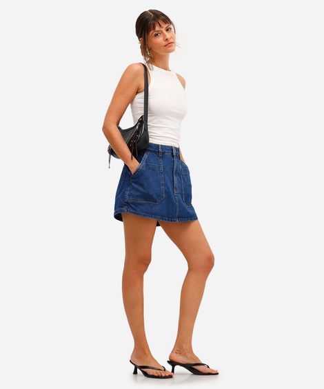 short saia feminino jeans cintura alta azul