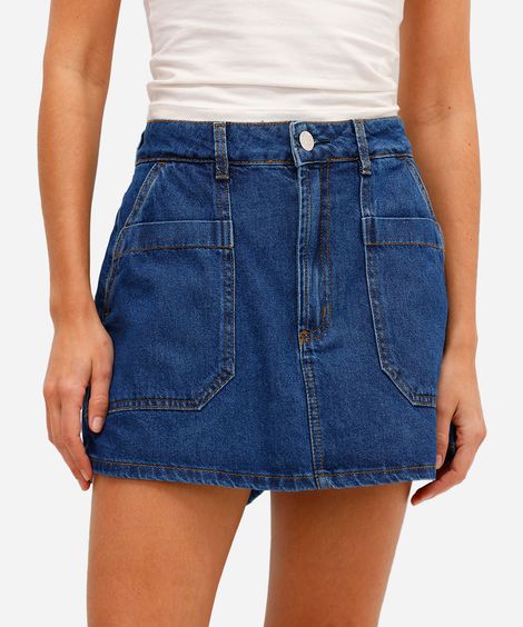 short saia feminino jeans cintura alta azul