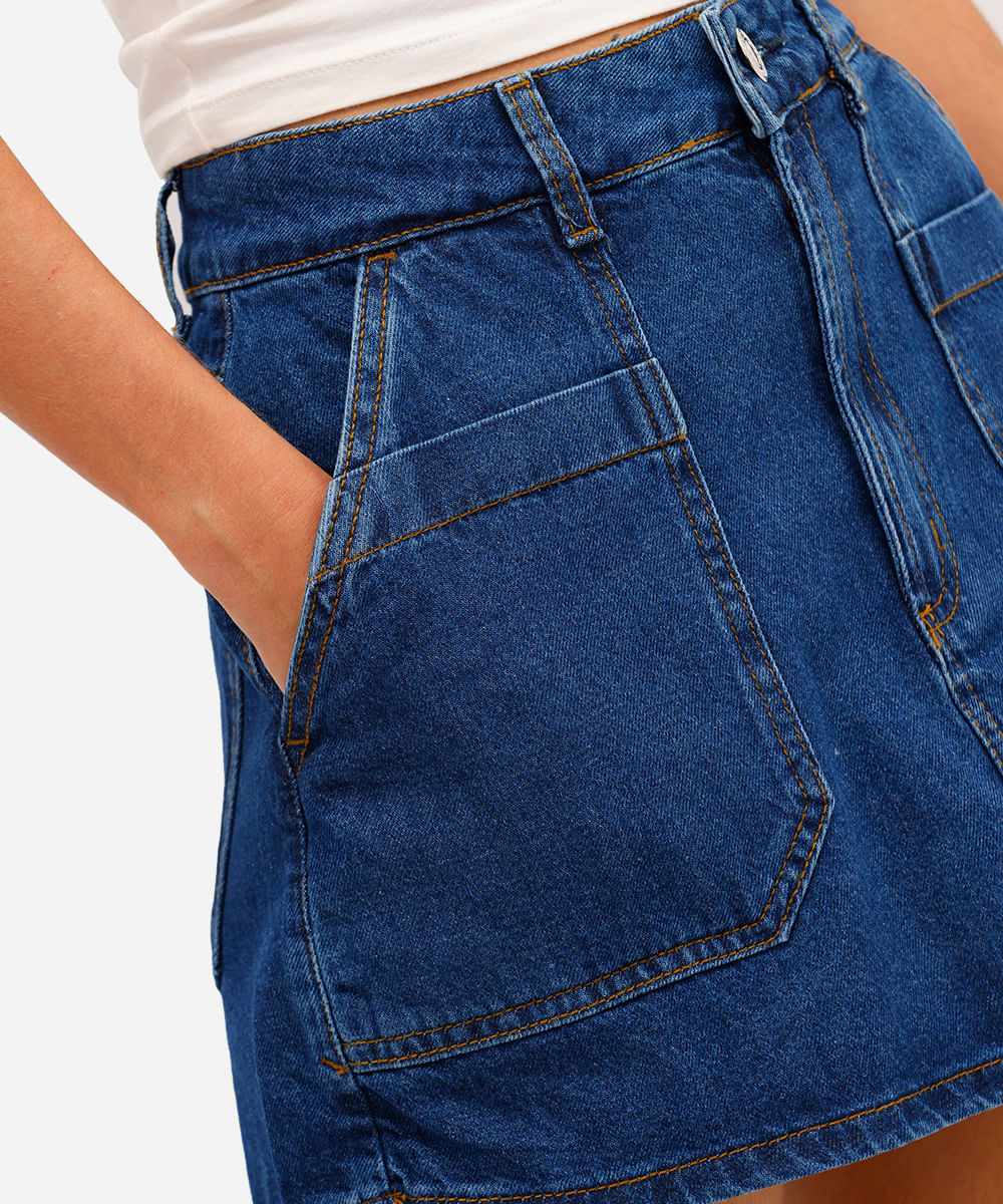 short saia feminino jeans cintura alta azul