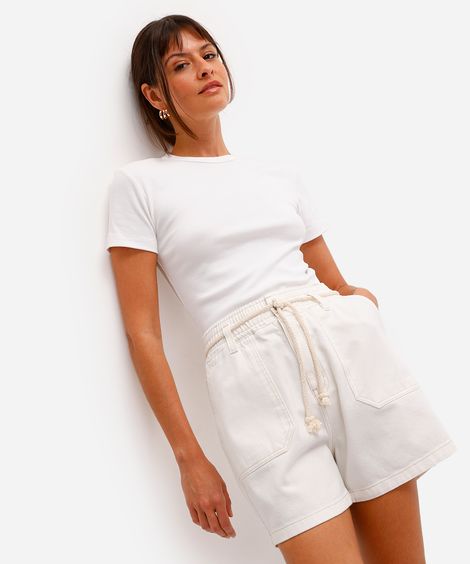 short clochard feminino de sarja com cordão off white