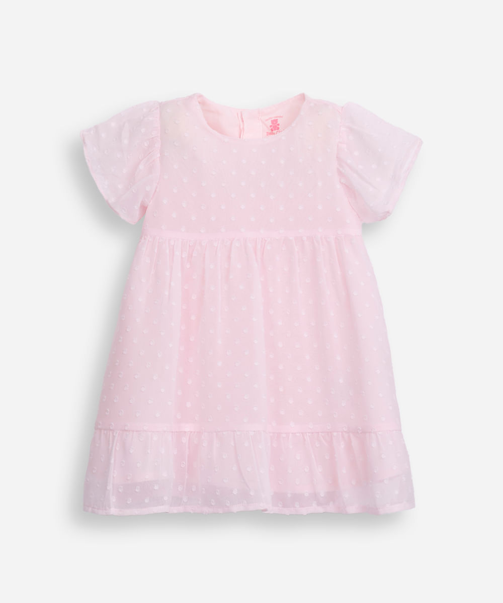 vestido infantil manga curta poá rosa