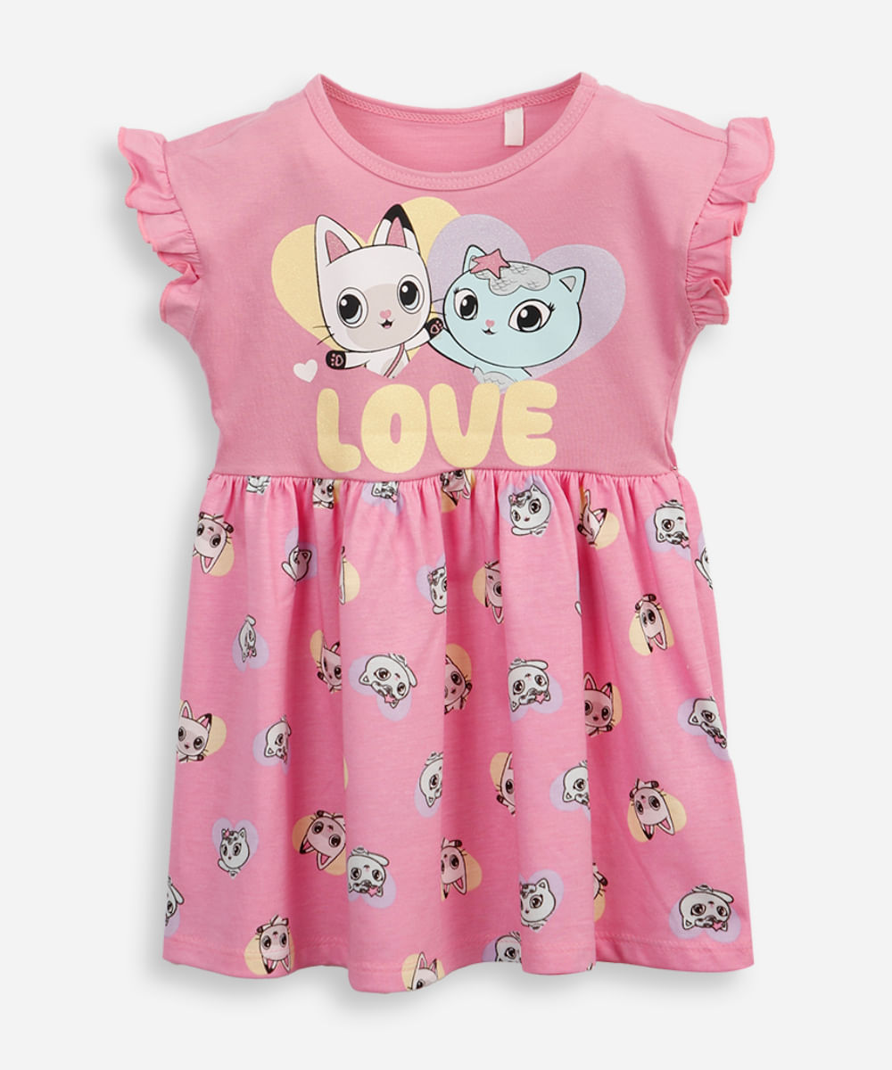 vestido evasê infantil de algodão a casa mágica da gabby rosa