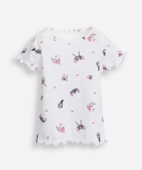 camiseta de algodão infantil manga curta angel e stitch off white