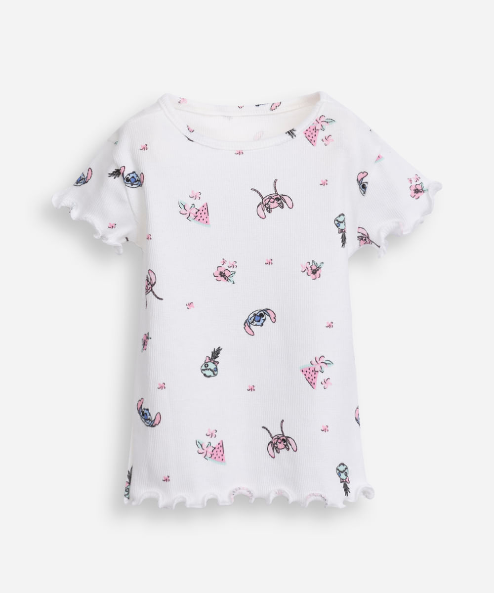 camiseta de algodão infantil manga curta angel e stitch off white