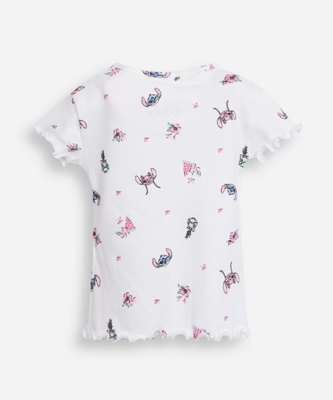 camiseta de algodão infantil manga curta angel e stitch off white