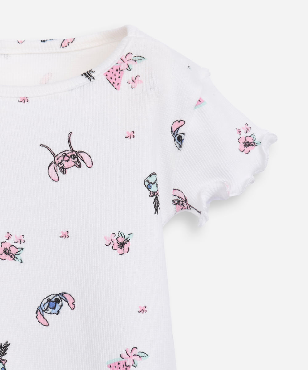 camiseta de algodão infantil manga curta angel e stitch off white