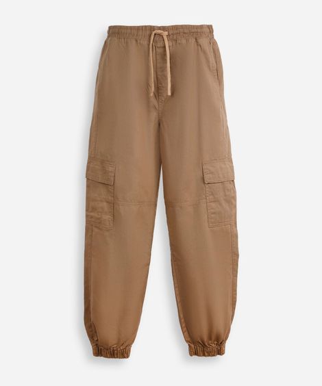 calça jogger juvenil de sarja com bolsos cargo bege