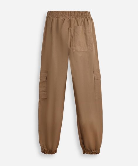 calça jogger juvenil de sarja com bolsos cargo bege
