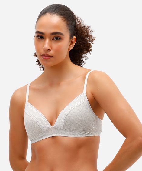 sutiã meia taça canelado com renda cinza