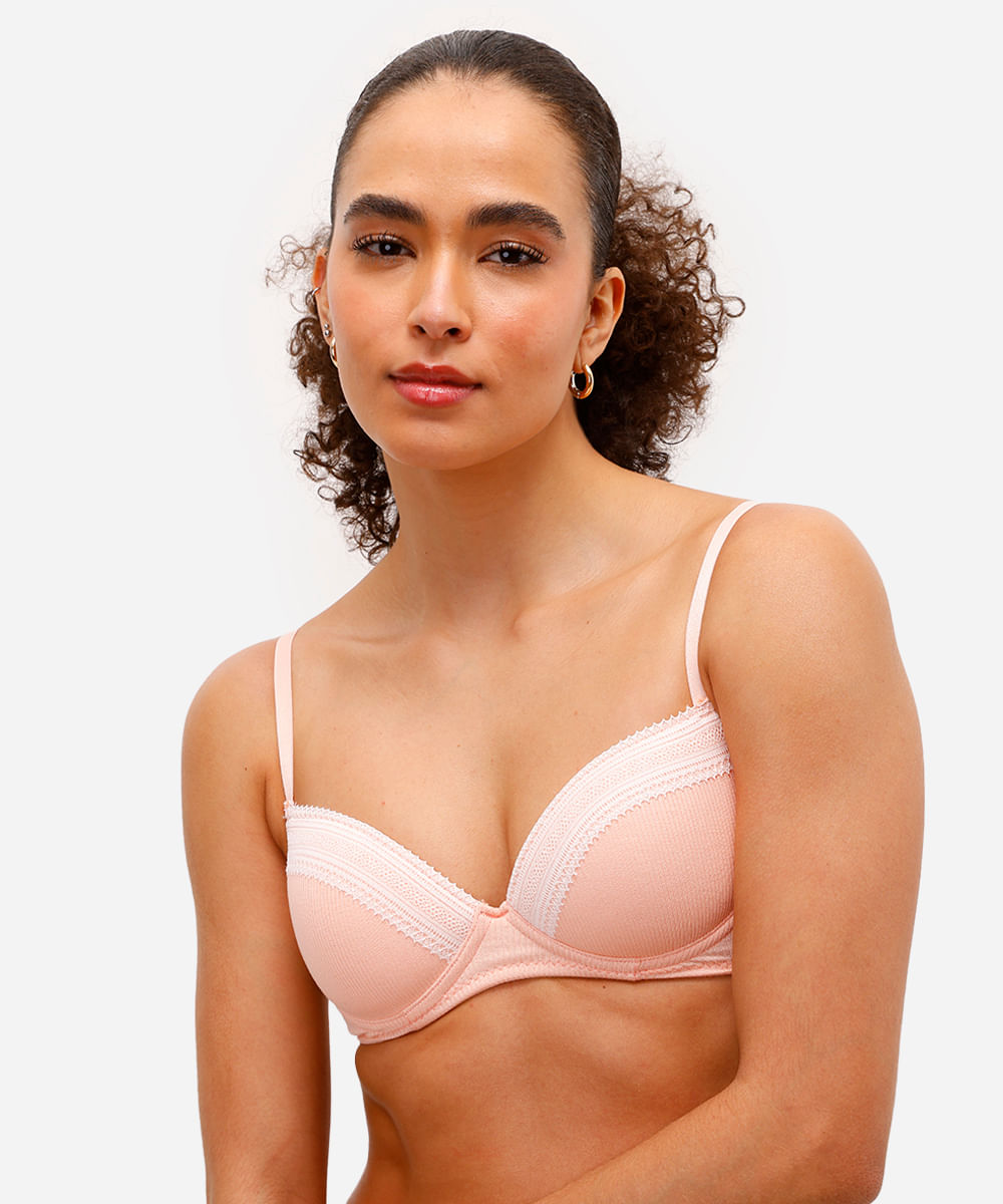 sutiã meia taça canelado com renda rosa
