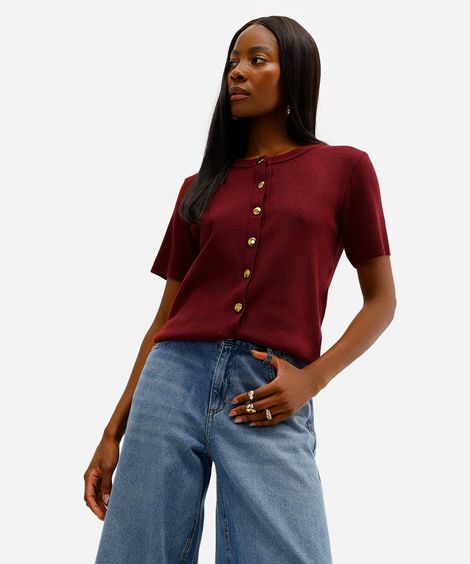 blusa feminina de tricot com botões vinho
