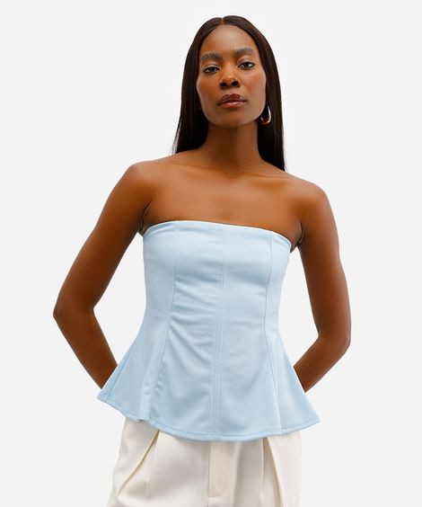 blusa peplum feminina sem alça texturizada azul